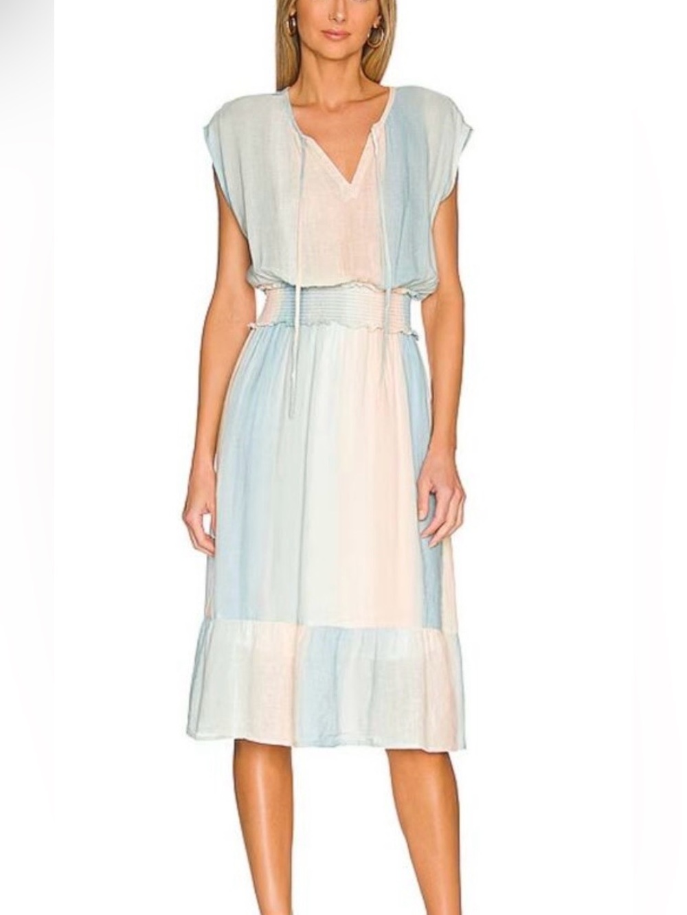 Rails Pastel Blue & Cream Smocked-Waist Midi Dress